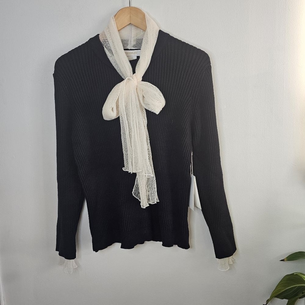 NWT Cocobleu Black Ribbed Knit Bow Sweater Cream Cuffs Coquette Large - Picture 2 of 10